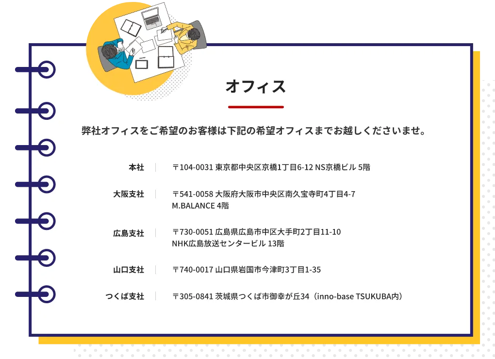 弊社オフィスをご希望のお客様は下記の希望オフィスまでお越しくださいませ。